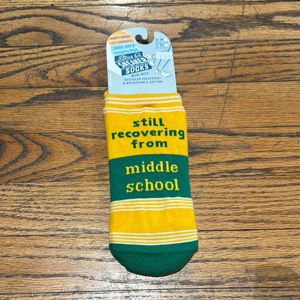 Blue Q Recovering From Middle School Green and Yellow Casual Socks